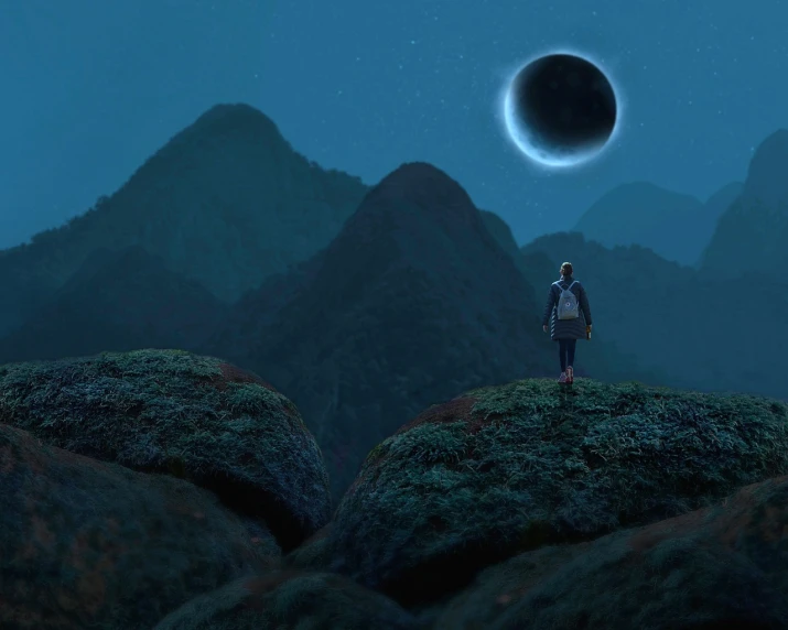 a man standing on top of a lush green hillside, by jessica rossier, during lunar eclipse, 3d cg, blue-black, joe webb