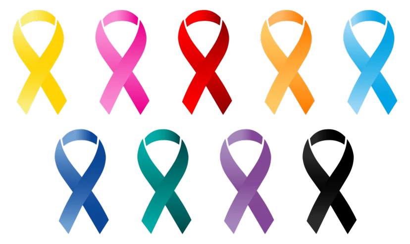 a group of different colored ribbons on a black background, by David Burton-Richardson, pixabay, antipodeans, tumors, no gradients, ankh symbol, ladies