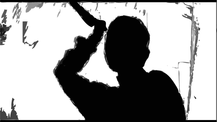 a black and white photo of a person holding a cell phone, a raytraced image, inspired by Eugène Carrière, reddit, generative art, webcam screenshot, silhouette :7, very dark cave, drawn in microsoft paint