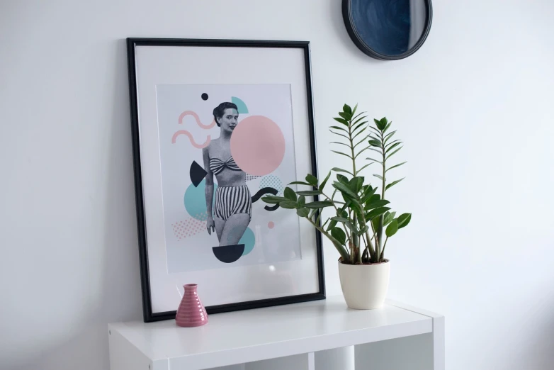 a picture of a woman sitting on a shelf next to a potted plant, a poster, inspired by mads berg, pexels, eighties-pinup style, on a white table, location in a apartment, nursery poster