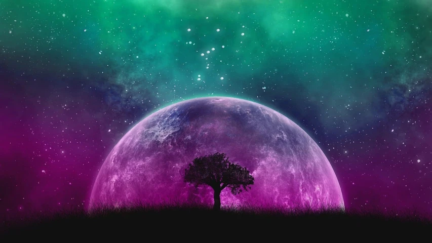 a full moon with a tree in the foreground, digital art, space art, purple and green colors, stunning screensaver, cool smooth space colours, the multiverse