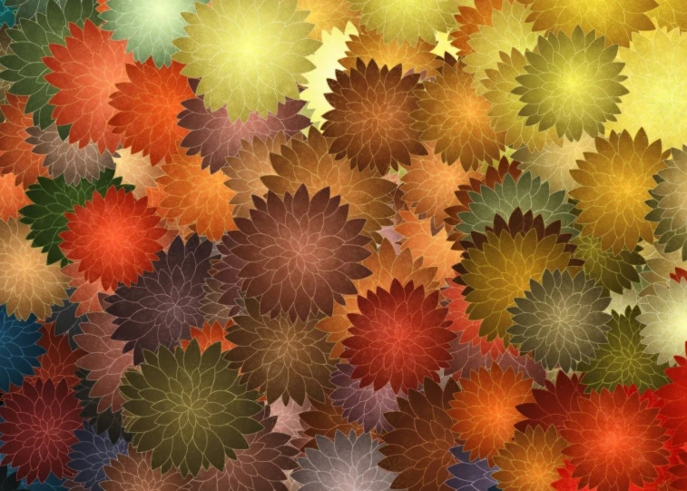 a bunch of different colored leaves on top of each other, a digital rendering, inspired by Milton Glaser, generative art, background full of brown flowers, dahlias, fractal!, tribbles