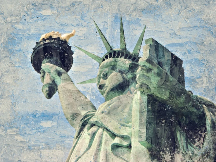 a painting of a statue of liberty holding a glove, a statue, by Robert Peak, shutterstock, distressed paint, hyperdetailed photograph, very high resolution, new york backdrop