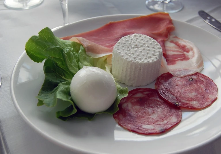 a close up of a plate of food on a table, inspired by Jan Zrzavý, flickr, mozzarella, ham, white, restaurant menu photo