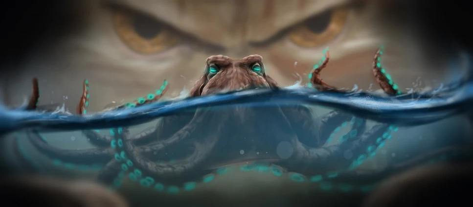 a close up of an octopus in the water, concept art, Artstation contest winner, fantasy art, frog perspective, face in water, painted as a game concept art, davy jones