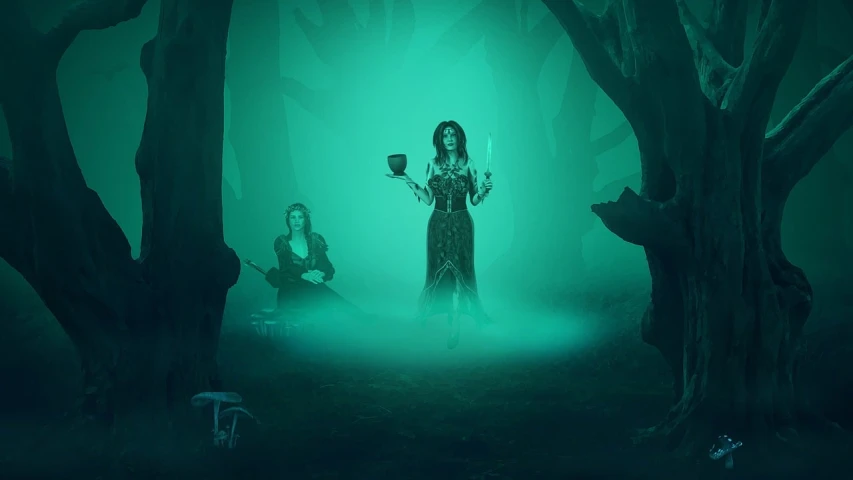 a woman standing in the middle of a forest, concept art, digital art, casting a spell on a potion, green scary lights, maiden and fool and crone, with a spooky filter applied