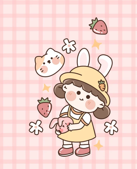 a little girl holding a basket of strawberries, inspired by Kanbun Master, rabbit shaped helmet, background(solid), cat bunny, cream