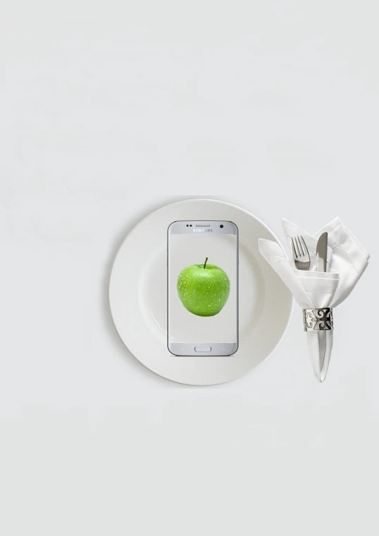 a green apple sitting on top of a white plate, a still life, by Mathias Kollros, hold up smartphone, smart design, the fork is on a plate, h 7 0 4