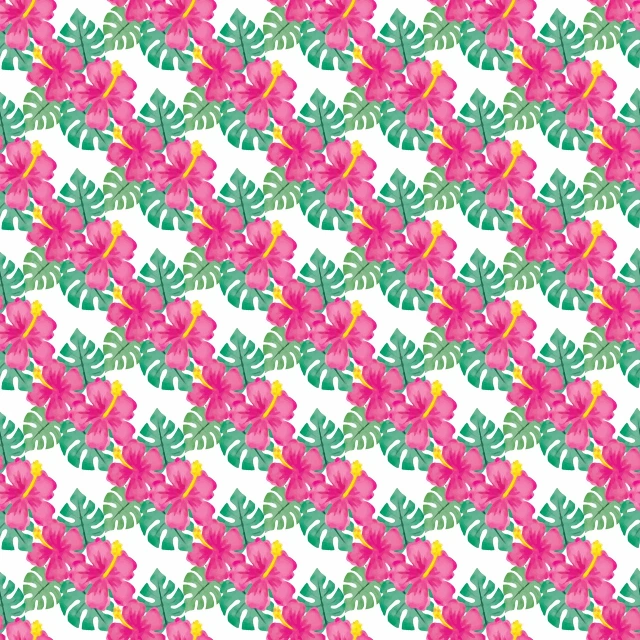 a pattern of pink and green leaves on a white background, a digital rendering, hibiscus flowers, 3840 x 2160, very cute, digital screenshot