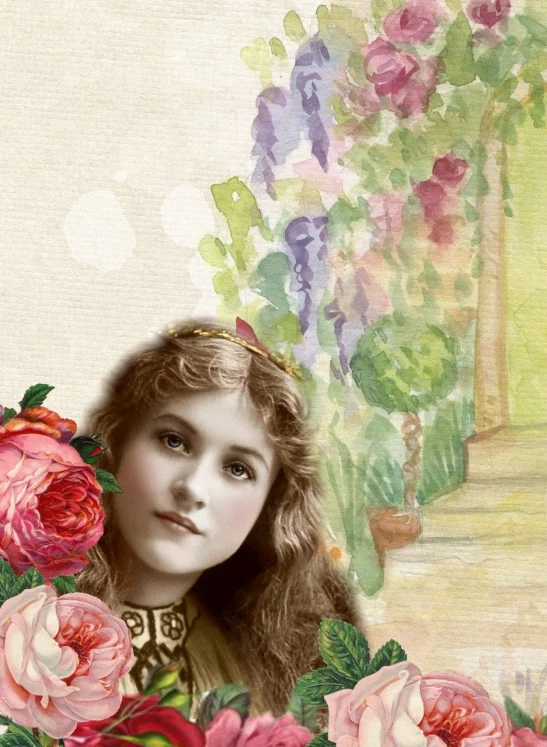 a painting of a young girl surrounded by flowers, a colorized photo, inspired by Gaston Bussière, trending on pixabay, detail, cut and paste collage, vintage - w 1 0 2 4, mixed media style illustration