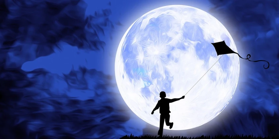 a person flying a kite in front of a full moon, a digital rendering, by John Moonan, trending on pixabay, little kid, soft blue moonlight, high-contrast, wallpaper”