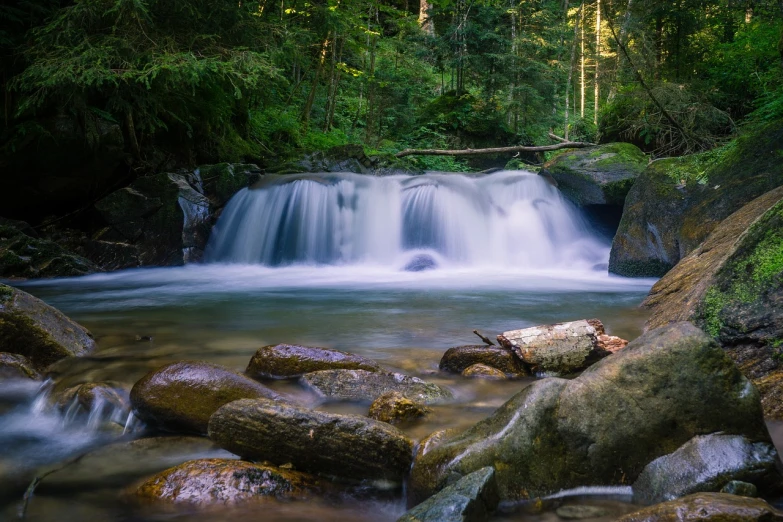 a waterfall flowing through a lush green forest, a picture, by Karl Walser, shutterstock, medium format. soft light, flowing clear water creek bed, long exposure photo, stock photo