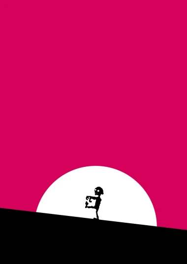a person standing on top of a hill under a pink sky, inspired by Goro Fujita, minimalism, black and white vector art, skeleton girl, holding a stuff, pink sun