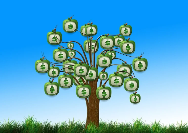 a tree with a bunch of green apples on it, a digital rendering, by senior artist, trending on pixabay, naive art, dollar bank notes, corporate flow chart, stock photo, bags of money