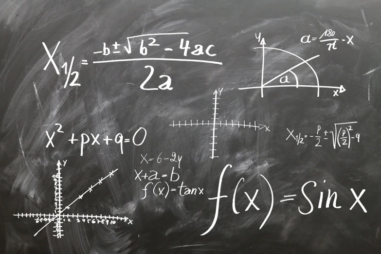 a blackboard with some calculations written on it, a picture, by Samuel Scott, pixabay, formulae, geometric curves, istock, set photo