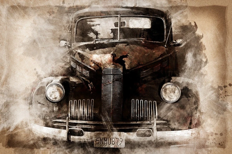 a black and white photo of an old car, a digital painting, auto-destructive art, watercolor digital painting, in style of old painting, stained antique copper car paint, front portrait