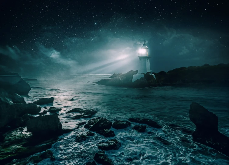 a lighthouse in the middle of the ocean at night, a matte painting, shutterstock, enhanced photo, 1128x191 resolution, alternate angle, coast