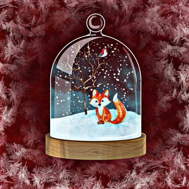 a snow globe with a red fox under it, a digital painting, folk art, red background photorealistic, glass cover, a beautiful artwork illustration, card