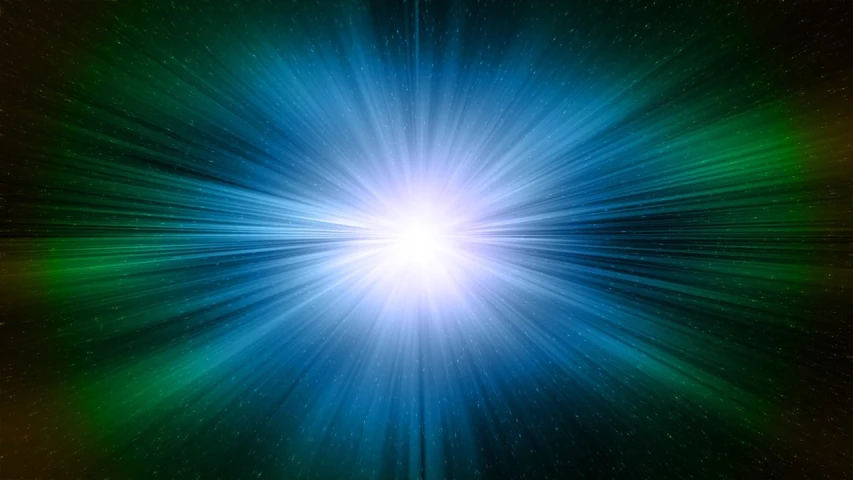 a blue and green star burst on a black background, shutterstock, light and space, interstellar stormy bright sky, with blue light inside, sun exploding on the background, middle of space