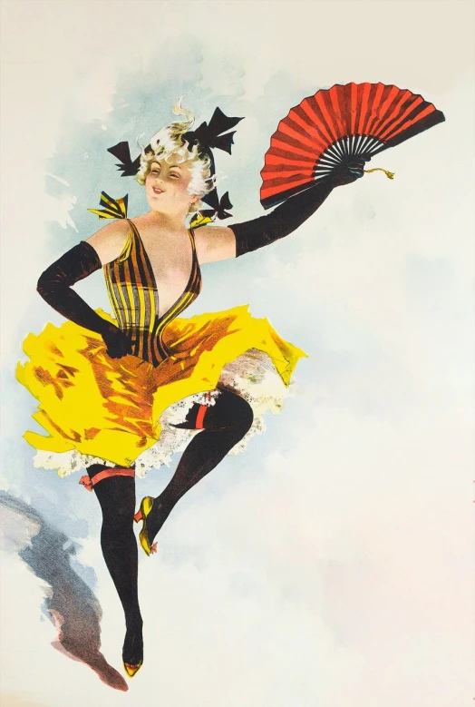 a woman in a yellow dress holding a red fan, inspired by Léon Bakst, classic dancer striking a pose, angus mcbride, vintage film poster, from commedia dell'arte