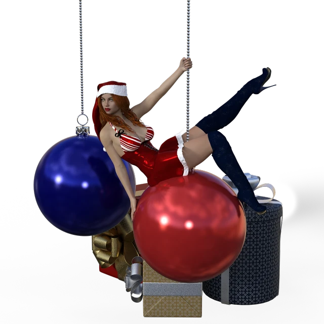 a woman sitting on top of a christmas ornament, a 3D render, figuration libre, carrying two barbells, hanging out with orbs, pole dancing, red and blue garments
