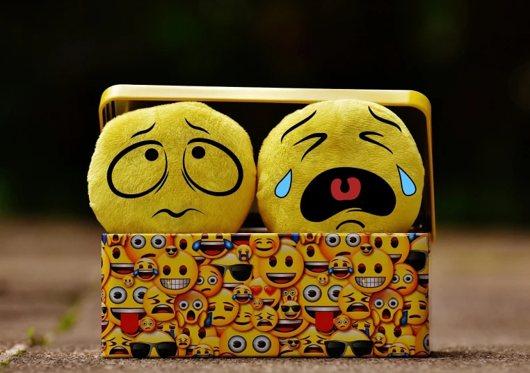a couple of yellow emoticions sitting in a box, a picture, by Dietmar Damerau, pexels, crying and weeping, case, stuffed, drops