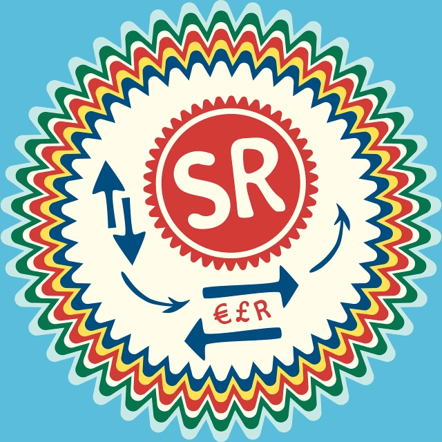 a circular sticker with the word sr on it, by Seb McKinnon, shutterstock contest winner, serial art, currency symbols printed, radial symmetry, retro machinery, !!! very coherent!!! vector art