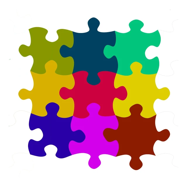 a colorful puzzle piece on a white background, a jigsaw puzzle, by Mark Tedin, colorful scheme, pigment, flat color, teams