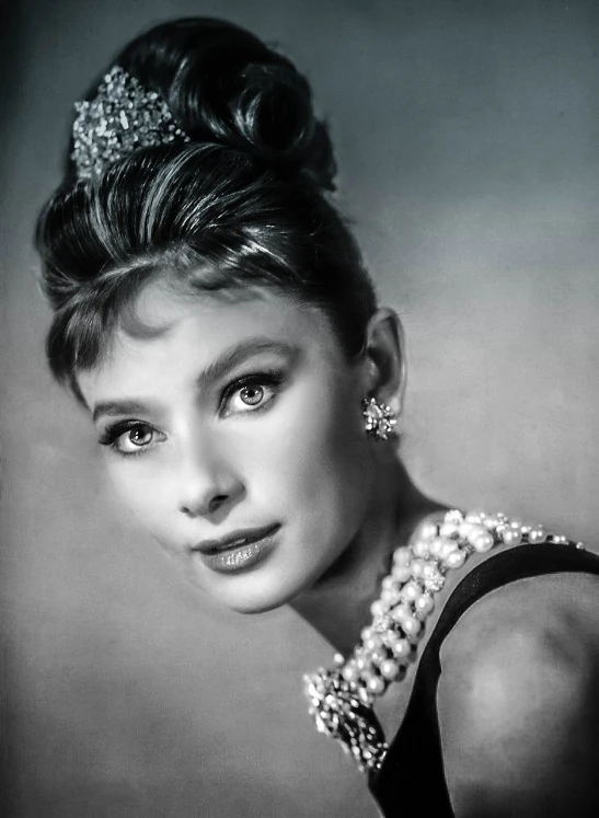 a black and white photo of a woman wearing pearls, a portrait, pop art, audrey hepburn, swarovski and tiffany, square, 4k still