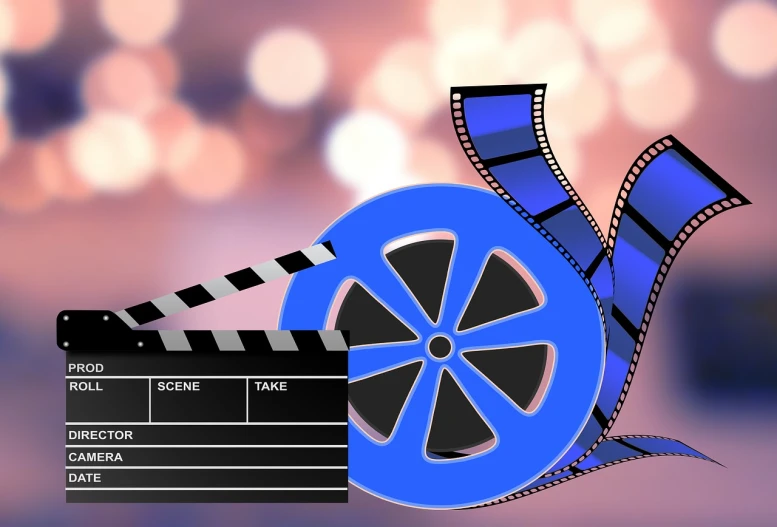 a movie clap and film reel on a blurry background, pixabay, video art, cinematic blue and gold, an illustration, bollywood, wartime footage