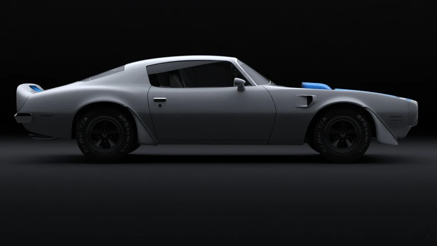 a silver and blue sports car on a black background, a 3D render, inspired by Kentaro Miura, polycount contest winner, hero shot, side-view, restomod, monochrome 3 d model