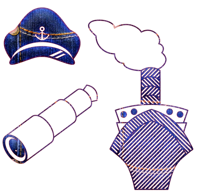 a drawing of a hat, tie, and other items, a digital rendering, digital art, pirate neon ship, 8k fabric texture details, shoulder patch design, pistol and bazooka