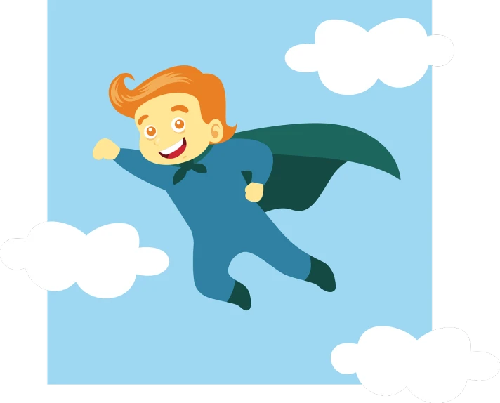a man flying through the air in a blue suit, vector art, superflat, red haired teen boy, wearing hero costume, little kid, plain uniform sky at the back
