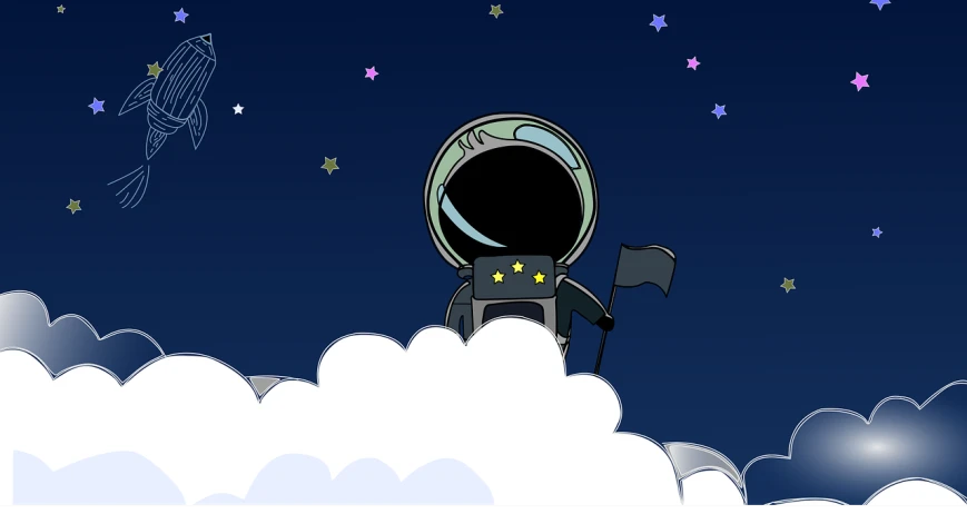 an image of an astronaut in the sky, night sky with clouds and stars, ( land ), moon knight, dark atmosphere illustration