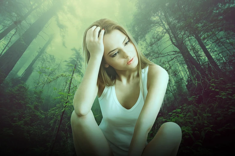 a woman sitting on the ground in a forest, digital art, shutterstock, unhappy, young sensual woman, in a background green forest, frustrated expression