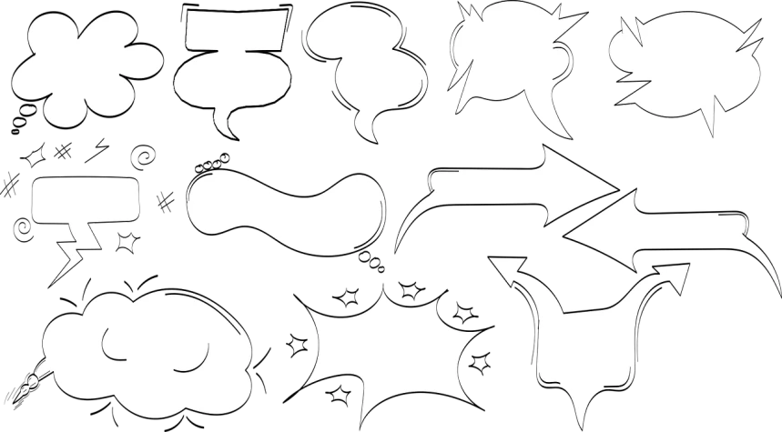 a collection of speech bubbles on a black background, a comic book panel, by Tom Carapic, deviantart, graffiti, smooth and clean vector curves, mcbess illustration, flash photo
