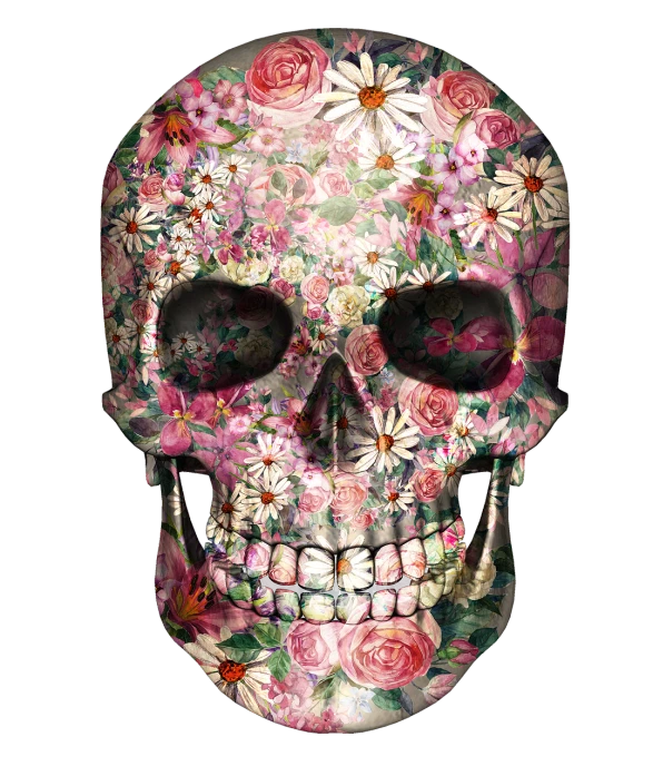 a close up of a skull with flowers on it, a digital rendering, by derek zabrocki, trending on shutterstock, beautiful iphone wallpaper, pink face, full colour print, floral bling