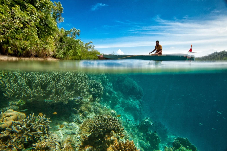 a man that is sitting in a boat in the water, a picture, by Dietmar Damerau, shutterstock, sumatraism, coral reefs, paddle of water, beautiful detailed scene, sup