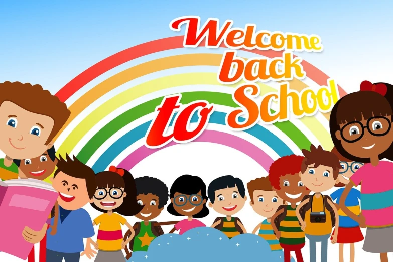 a group of children standing in front of a rainbow, a picture, shutterstock, american barbizon school, background image, welcome, back to school comedy, hd screenshot