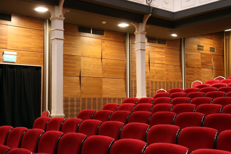 a large auditorium with rows of red chairs, a picture, pexels, art nouveau, a wooden, flim