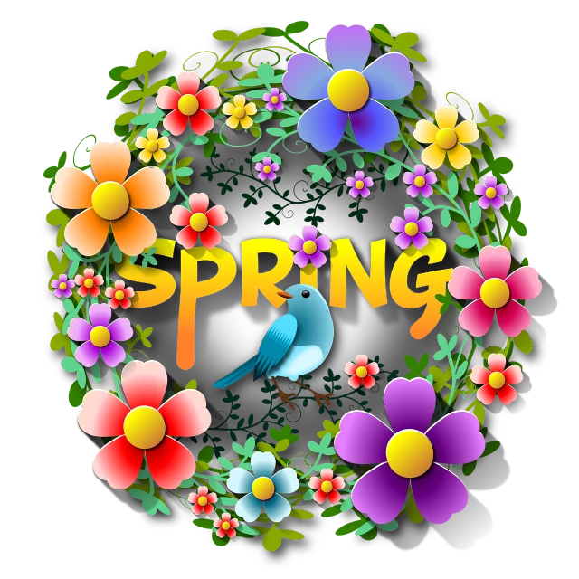 a bird sitting on top of a wreath of flowers, a digital rendering, by Zahari Zograf, trending on pixabay, spring blooming flowers garden, bright on black, word, cartoon style illustration