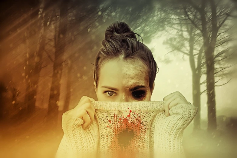 a woman covering her face with a sweater, a picture, digital art, with bloodshot eyes, photograph, ad image, dehazed image