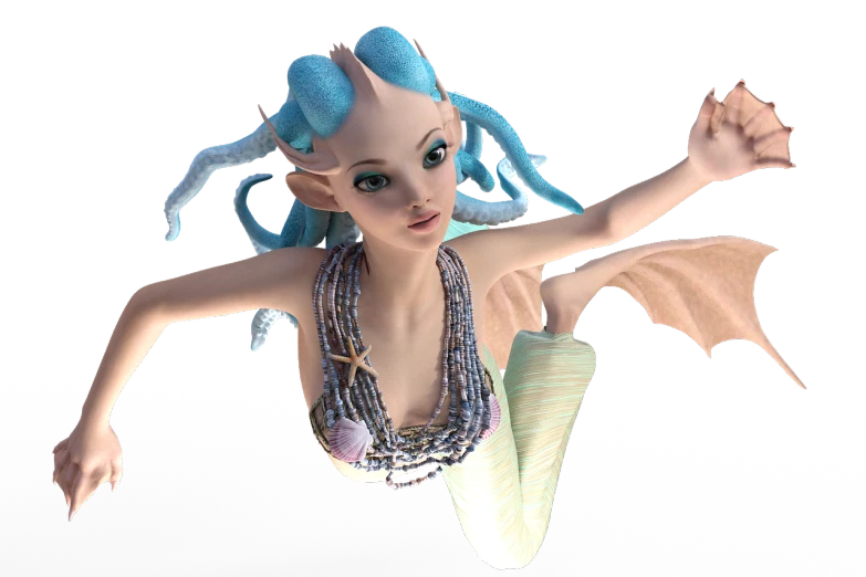 a woman with blue hair flying through the air, a raytraced image, inspired by Alison Kinnaird, zbrush central contest winner, the little mermaid, pink twintail hair and cyan eyes, clay render, fae teenage girl