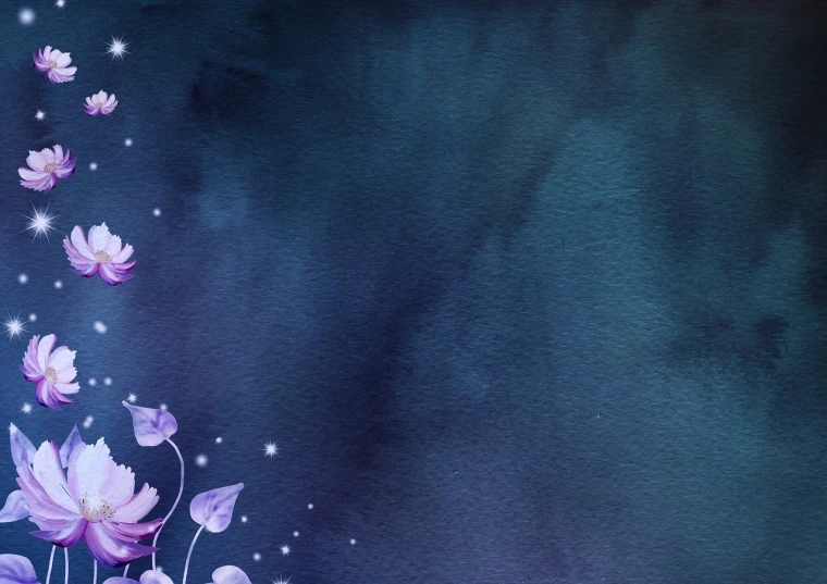 a painting of purple flowers on a blue background, inspired by Sōami, deviantart, digital art, banner, dark smooth background, background image, dreamy night