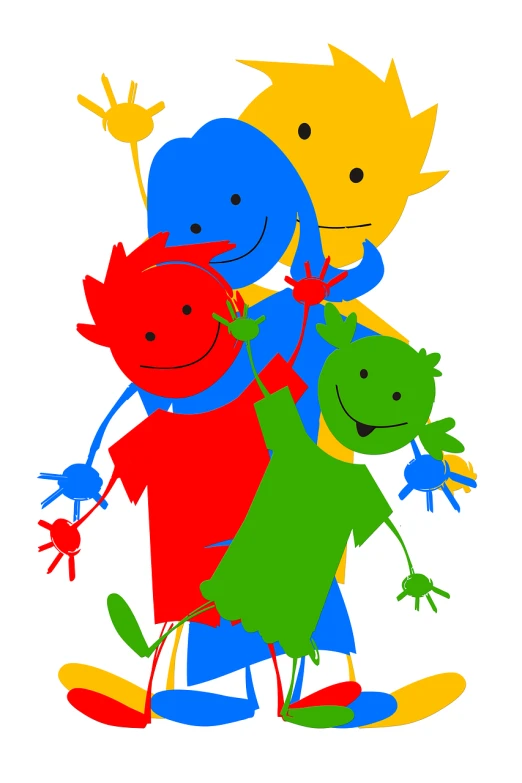a group of cartoon characters standing next to each other, inspired by Joan Miró, pixabay, antipodeans, red yellow blue, happy family, green blue red colors, siluette