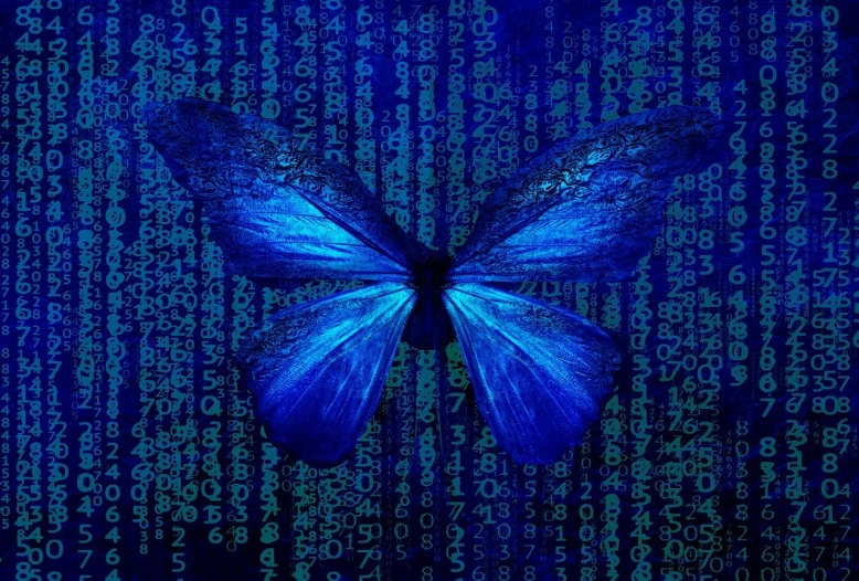 a blue butterfly sitting on top of a computer screen, digital art, computer art, matrix code, beautiful equations, avatar image