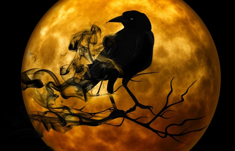 a black bird sitting on a branch in front of a full moon, digital art, trending on pixabay, gothic art, mystical orange fog, beautiful art uhd 4 k, witch burning, mid shot photo