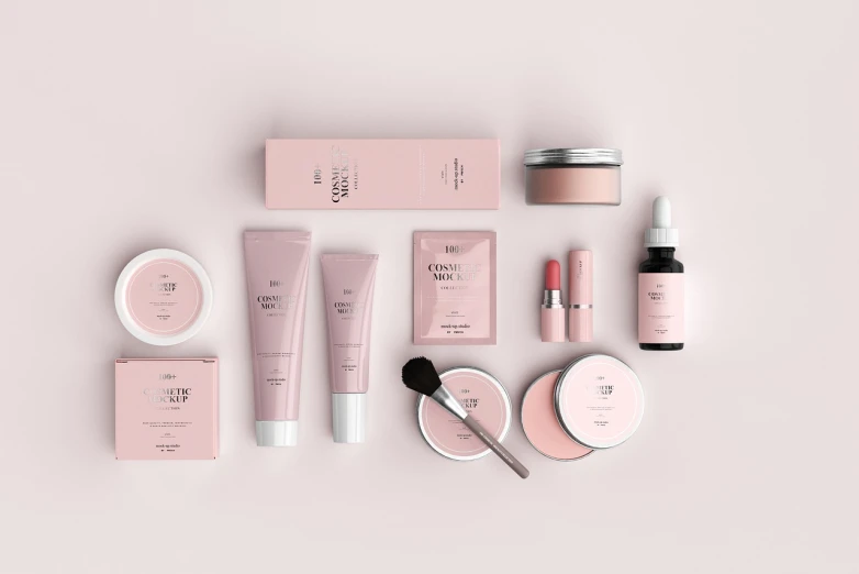 a variety of beauty products laid out on a pink surface, concept art, trending on cg society, asset on grey background, product label, high quality product image”, uncanny valley