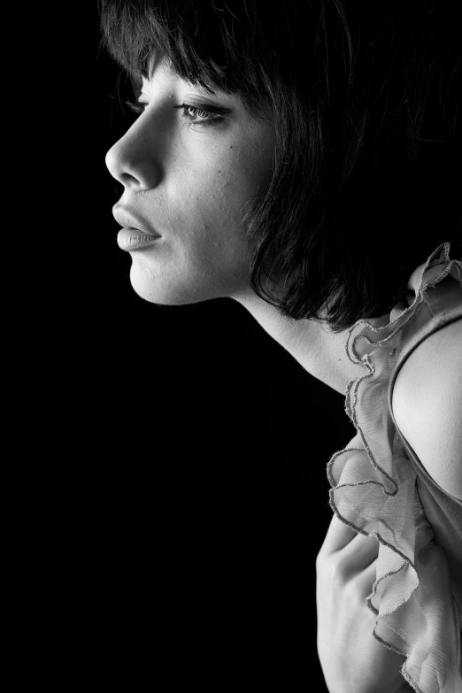 a black and white photo of a woman with short hair, a black and white photo, inspired by Peter Basch, flickr, art photography, side profile cenetered portrait, girl with black hair, high contrast studio lighting, high detail portrait photo
