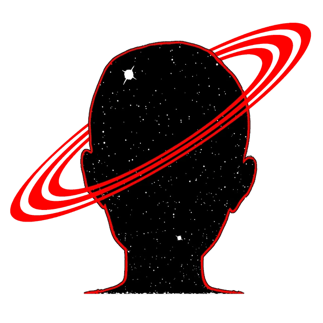 a man with a red ring around his head, by Allen Jones, primitivism, looking out into the cosmos, logo without text, brain, planet saturn